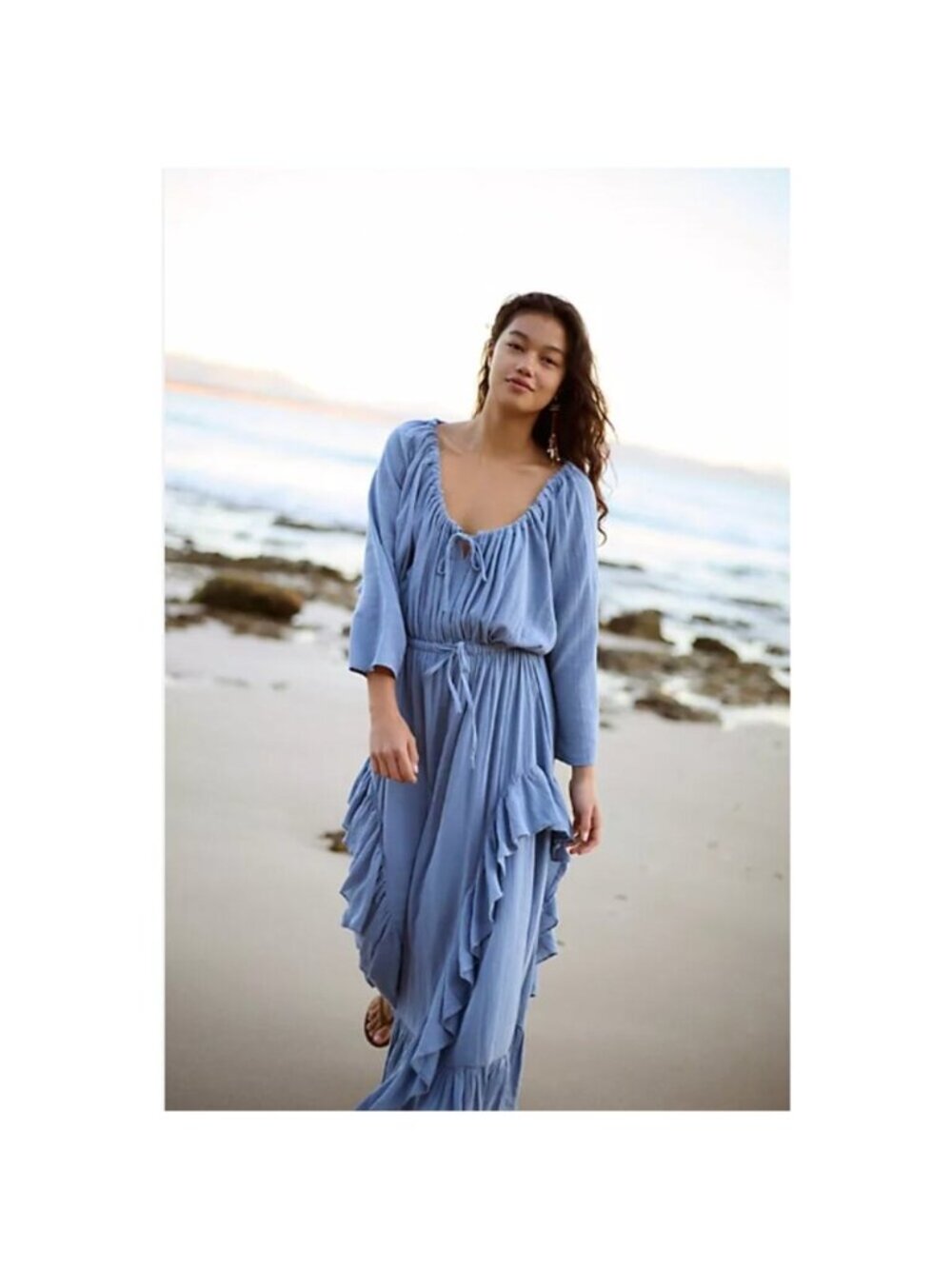 Free People Shore Chic Maxi Dress Blue Suede Ruffled Cotton Boho Style XL - Picture 2 of 8
